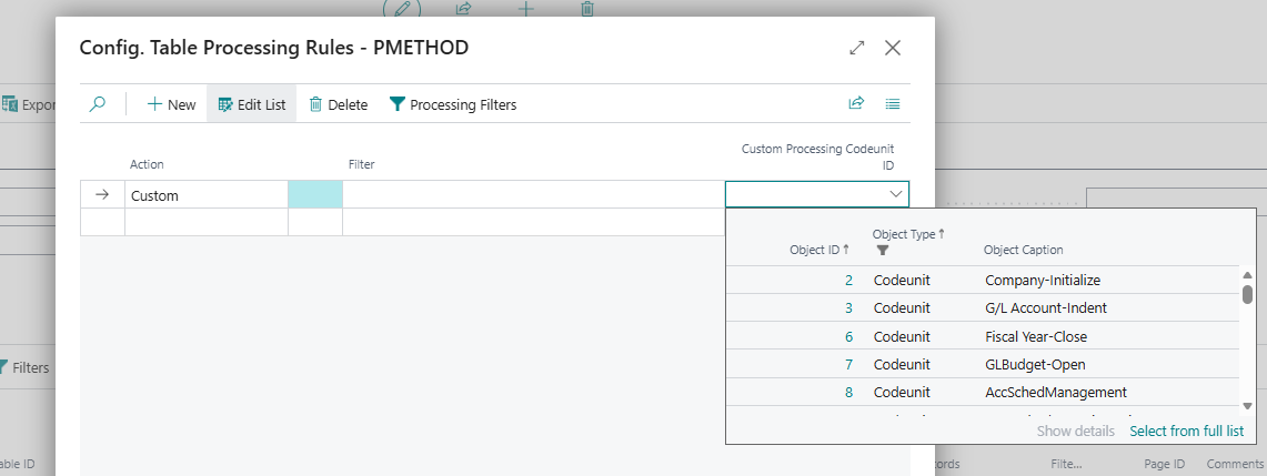 Config. Table processing rules