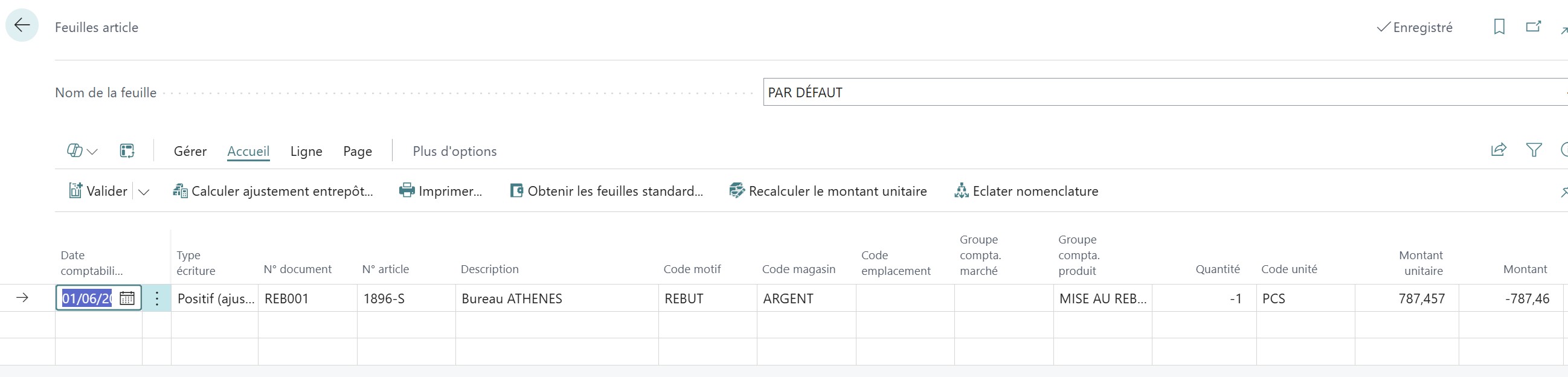 Feuille article pour mise au rebut