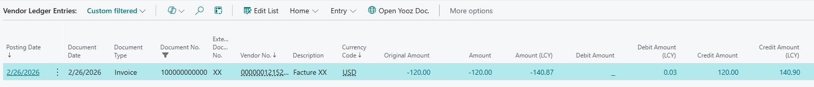 Revalued Vendor Ledger Entry for USD invoice