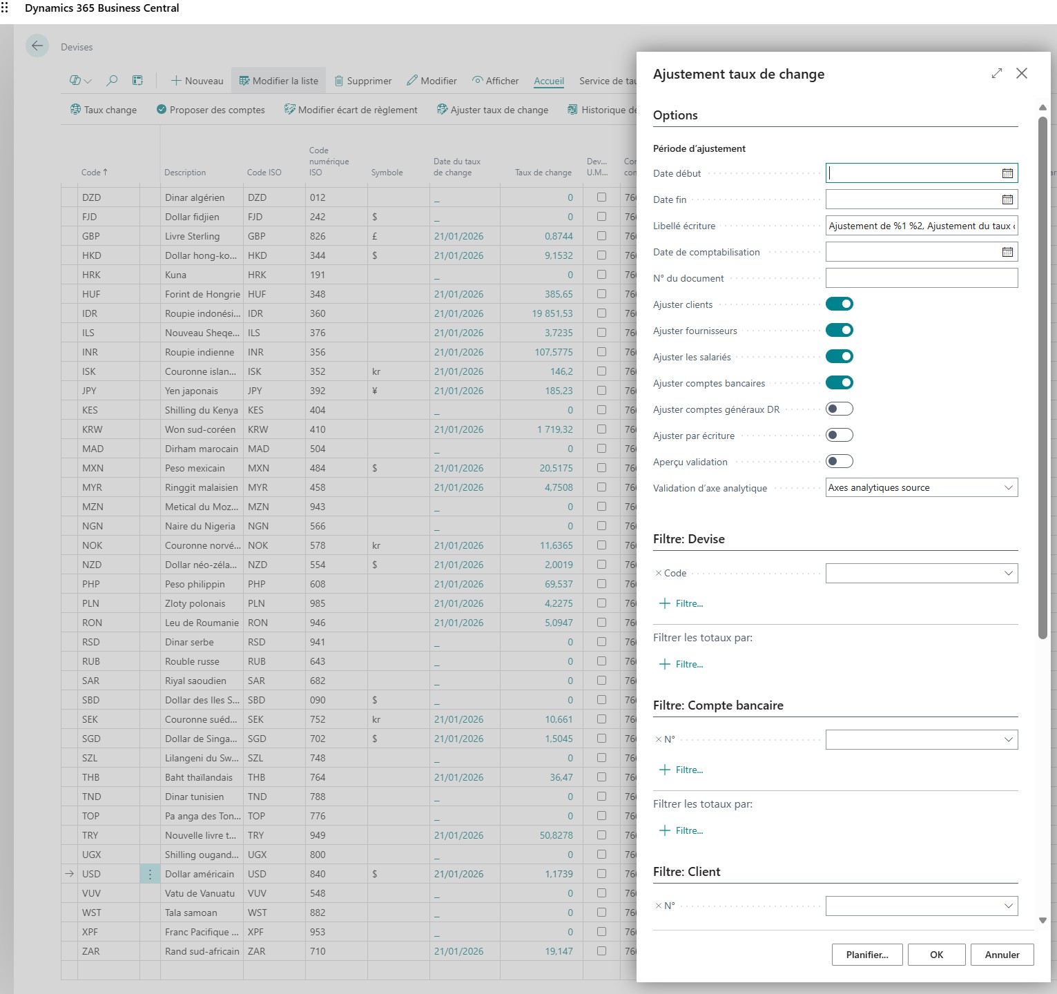 Ajuster les Taux de change
