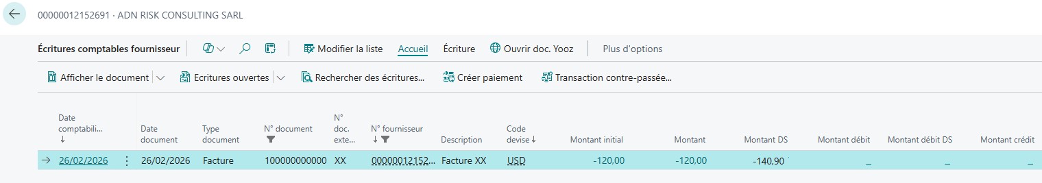 Ecriture comptable fournisseur de facture USD