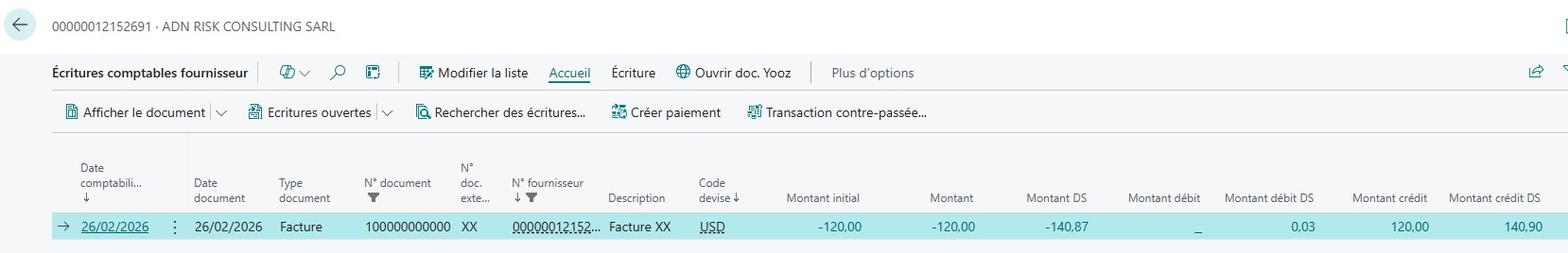&Eacute;criture compta fournisseur de facture USD r&eacute;&eacute;valu&eacute;e