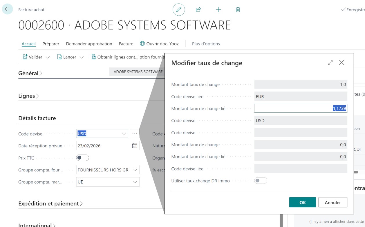 Taux de change depuis document d’achat