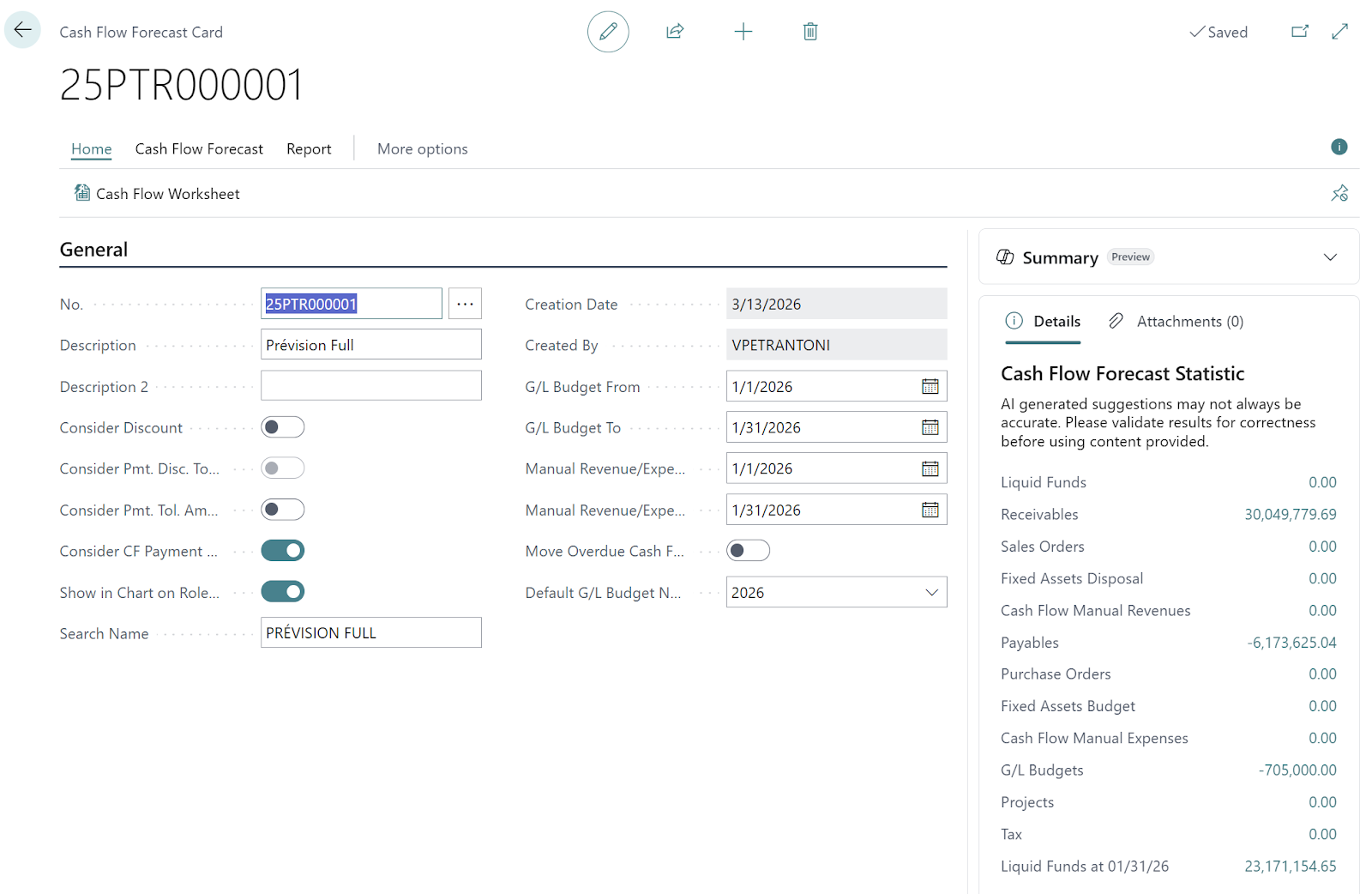 New cash flow forecast card