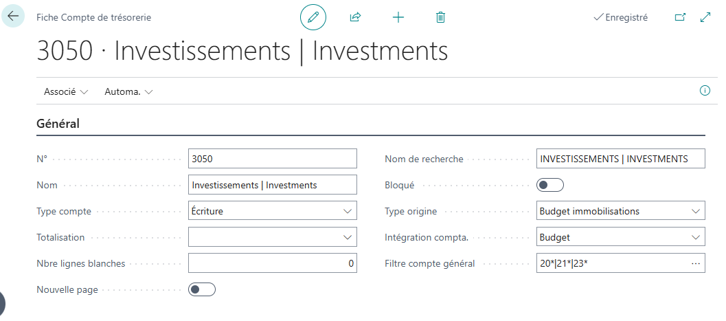 Fiche compte comptable de tr&eacute;sorerie &ldquo;Investissements&rdquo;