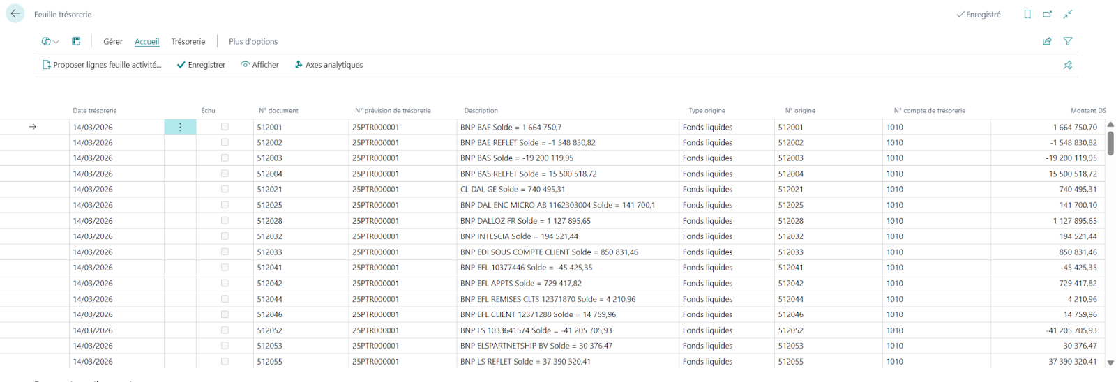 Feuille de tr&eacute;sorerie