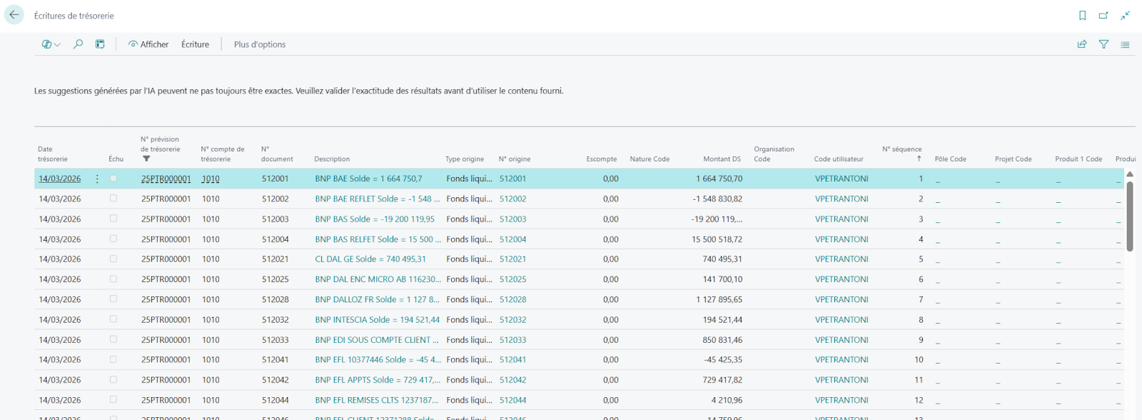 Ecritures de tr&eacute;sorerie