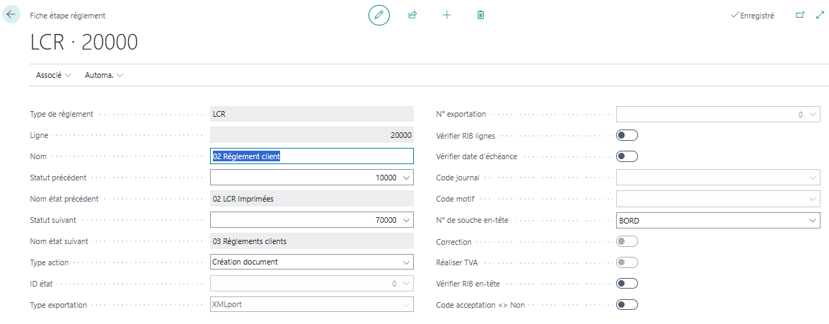 Etape R&egrave;glement client qui porte du statut &ldquo;LCR Imprim&eacute;es&rdquo; vers le statut &ldquo;R&egrave;glements clients&rdquo;