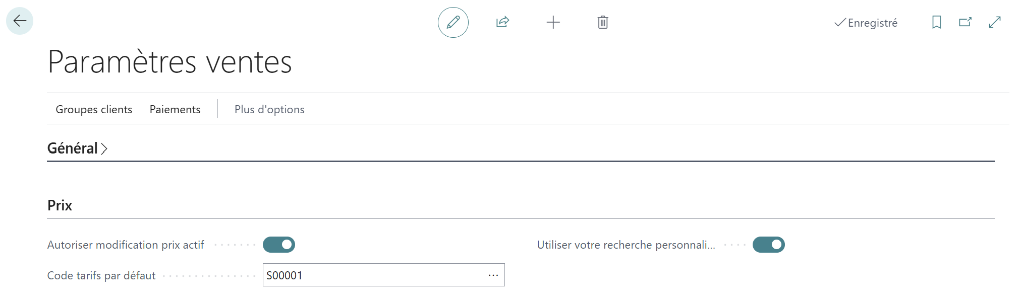 Param&egrave;tres vente