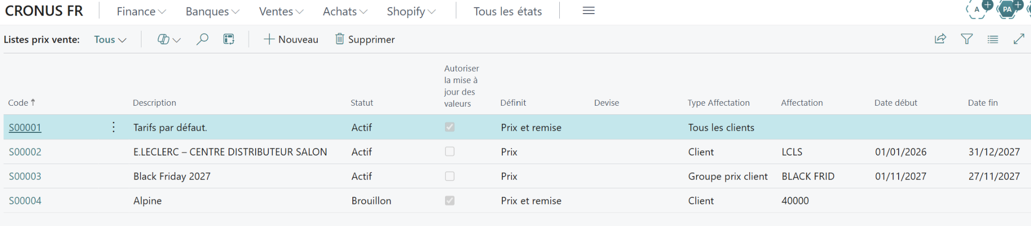 Liste prix de vente