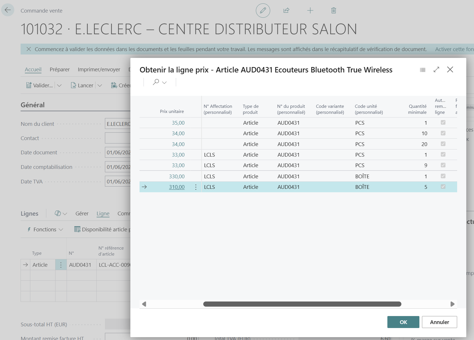 Extraire prix vente