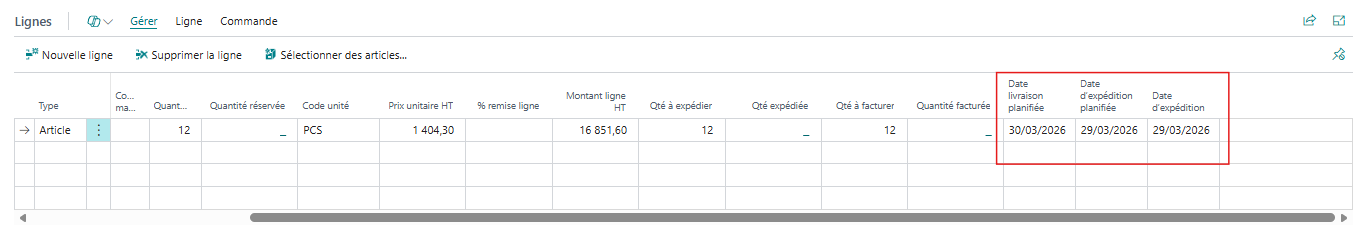 Date sur ligne de vente