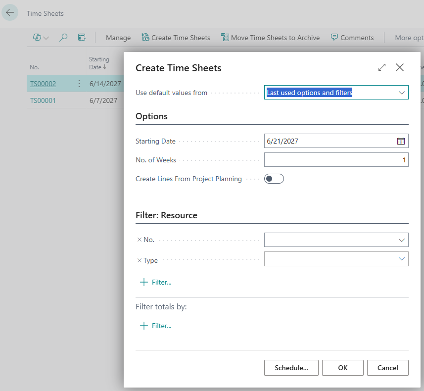The action &ldquo;Create lines from project planning&rdquo;, which transfers the project planning lines directly onto the resource sheet.