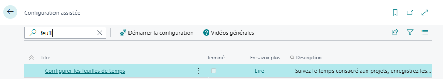 Le guide de configuration assist&eacute; (Set Up Time Sheets), qui d&eacute;roule les m&ecirc;mes &eacute;tapes de mani&egrave;re guid&eacute;e.
