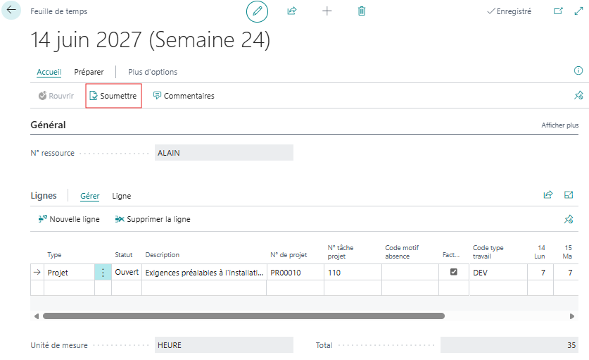 La soumission d'une feuille. L'action &ldquo;Soumettre&rdquo; (Submit) fait basculer les lignes au statut Submitted.