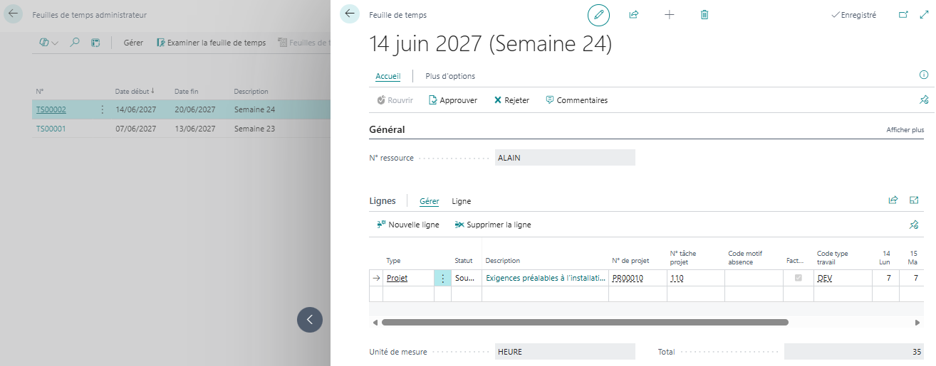 La page &ldquo;Feuille de temps administrateur&rdquo; (Manager Time Sheets).
