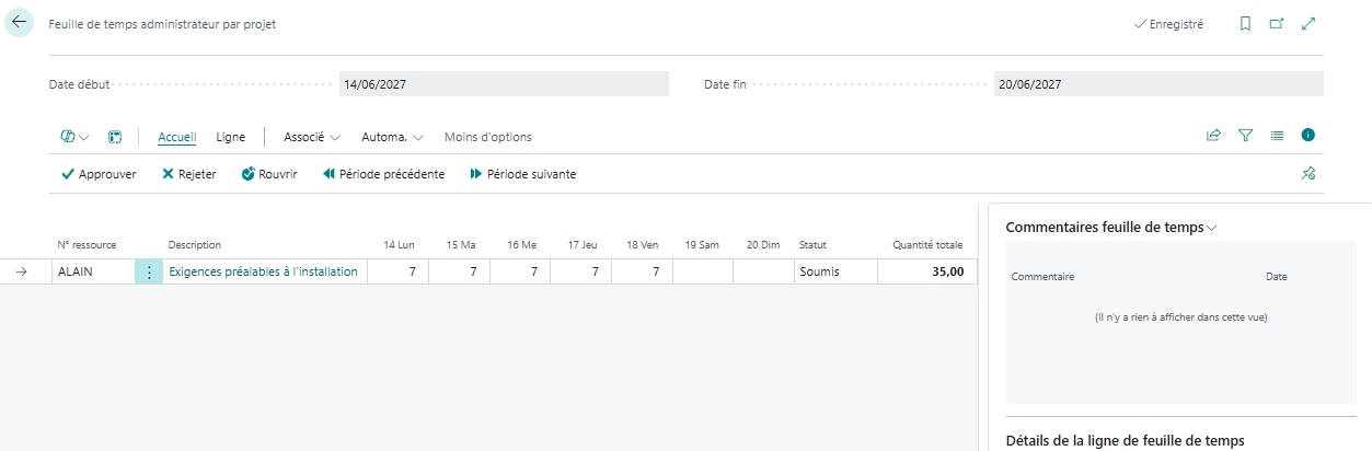 La page &ldquo;Feuille de temps administrateur par projet&rdquo; (Manager Time Sheet by Project).