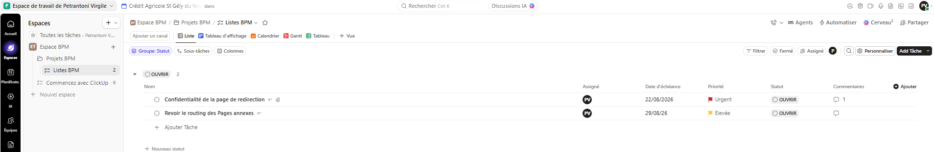 Vue d’une liste de tâches pour le projet BPM